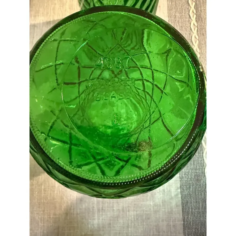 🌿 Vintage Green Glass Vases – Set of 2 | Hoosier Glass #4087 + Unmarked | Large
